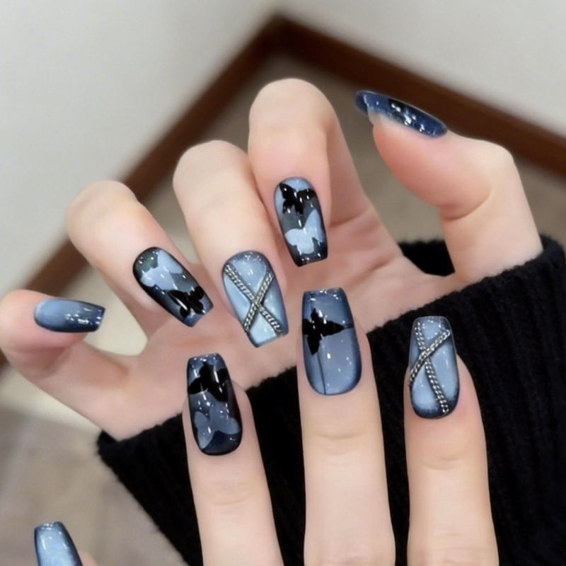 Black Butterfly Blue Series Cat Eye Handmade Wearable Nails Dark Butterfly Sweet Cool Hot Girl Instagram Style Whitening Gel Nail Art