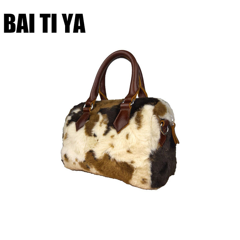 2025 Autumn/Winter New Vintage Brown Plush Color-Block Cow Print Bag Niche Design Handbag Crossbody Boston Bag