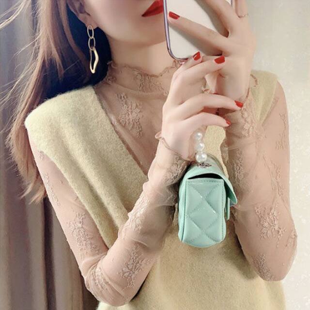 Lace chiffon shirt, fashionable stand collar mesh top