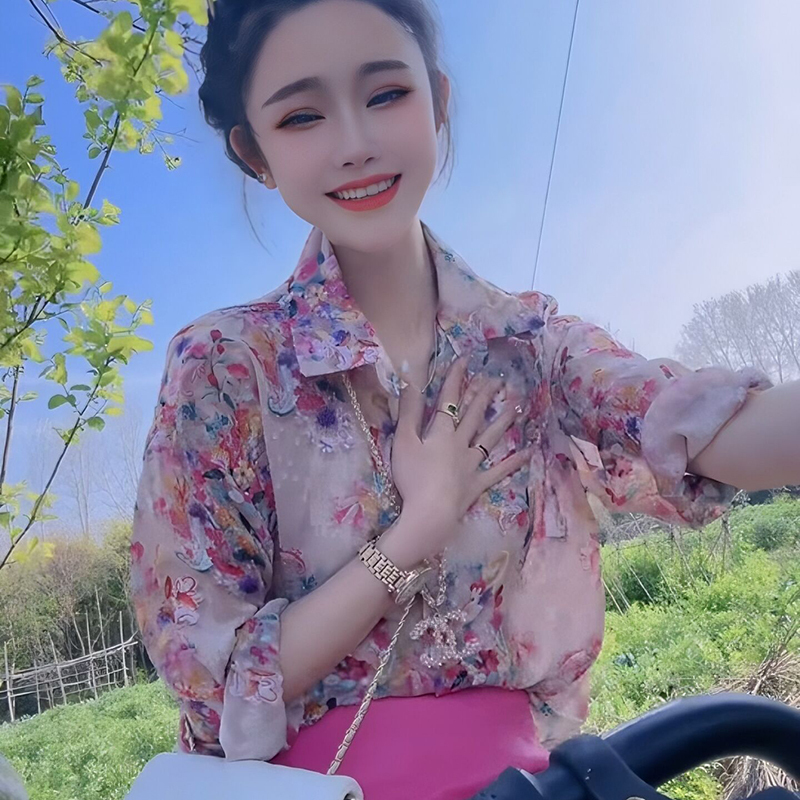 Floral Shirt for Women 2026 Summer New French Style Popular Petite High-End Pink Sun-Protective Thin Elegant Blouse