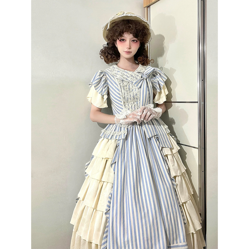 Lolita Dark Night Ode Navy Style Retro Striped Vintage Ocean Ship Op Original Design Waist-Cinching Flared Dress Lolita Dark Night Ode Navy Style Retro Striped Vintage Ocean Ship Op Original Design Waist-Cinching Flared Dress