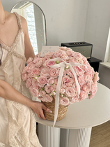 New Chinese Valentines Day Fairy Kiss Hug Bucket Flower Bouquet Floral Packaging Materials Pastoral Grass Weaving Flower Basket Flower Tube