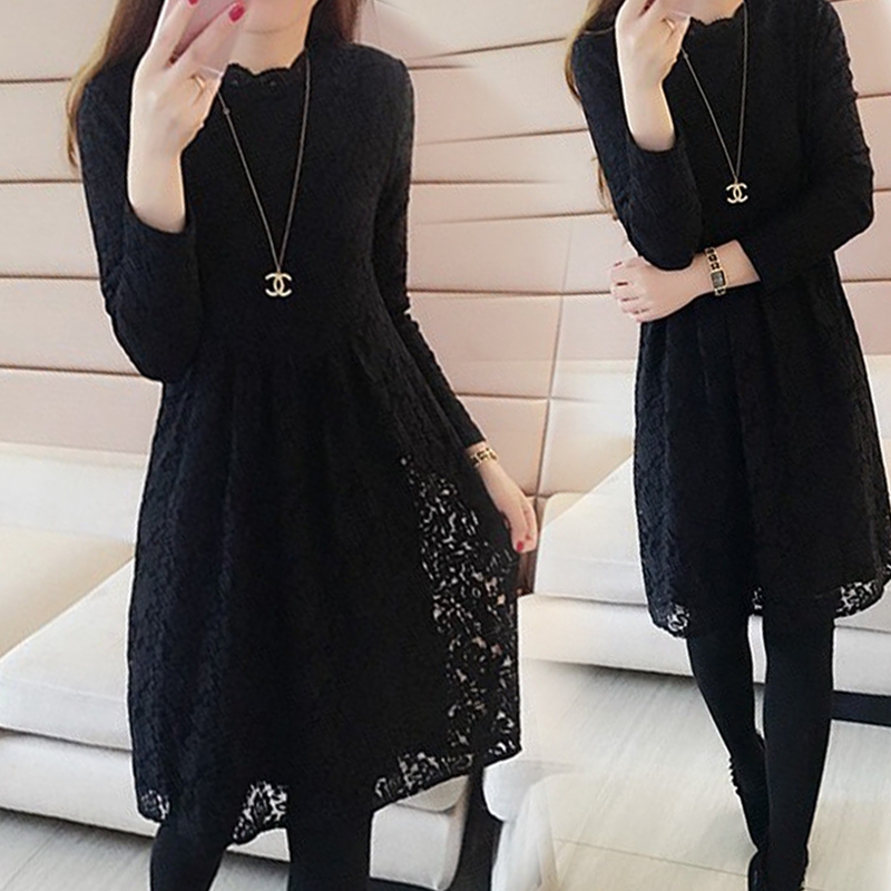 Tweed Style Lace Fleece-Lined Dress for Women in Autumn and Winter, Plus Size Slimming Long-Sleeved Top, Loose Mid-Length Bottoming Shirt
