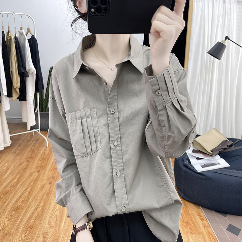 European Style Pure Cotton Long-Sleeved Shirt for Women 2026 Spring and Autumn New Pleated Age-Reducing Stylish Top Retro Solid Color Base Shirt