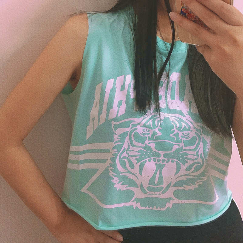 Internet Celebrity ins Loose Casual Sports Fitness Running Cover-Up Short Top with Exposed Waist, Letter Cartoon Tiger Women's Tank Top for Summer