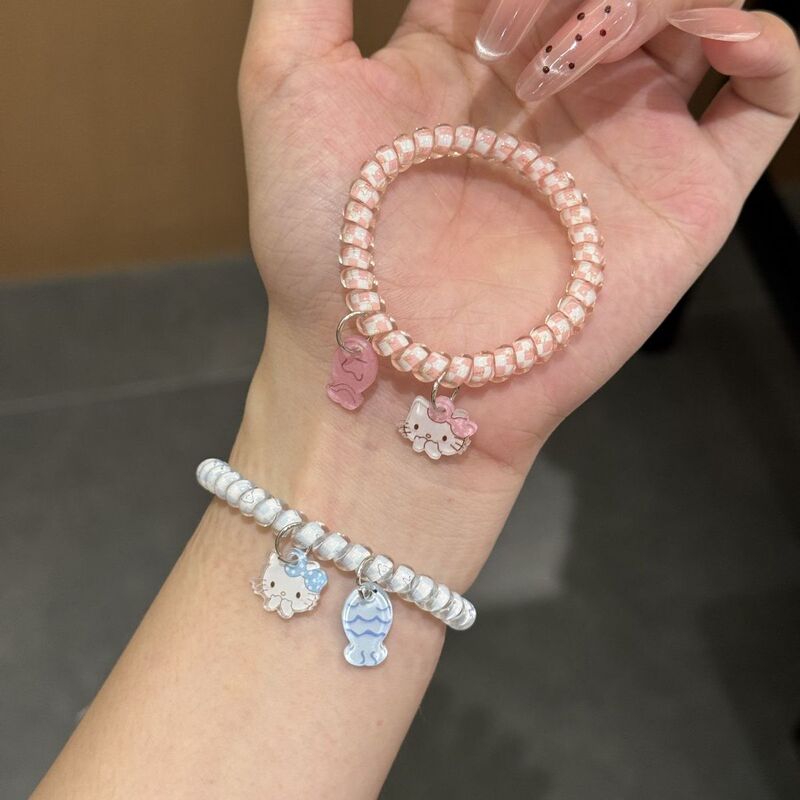 Cute Cat Eating Fish High-Elasticity Telephone Wire Hair Tie for Women, Ins-Style Niche Simple Couple and Best Friend Bracelet