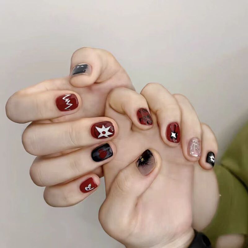 [Unisex] Red Star Cat Eye Handmade Wearable Nails Cool Graffiti Black Cat Nail Stickers Xiaohongshu New Style