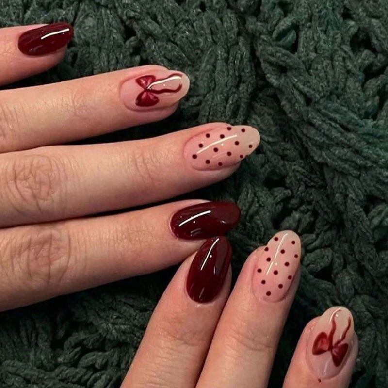24Pcs/Set Short Almond-Shaped Fake Nails With Bowknot And Sm