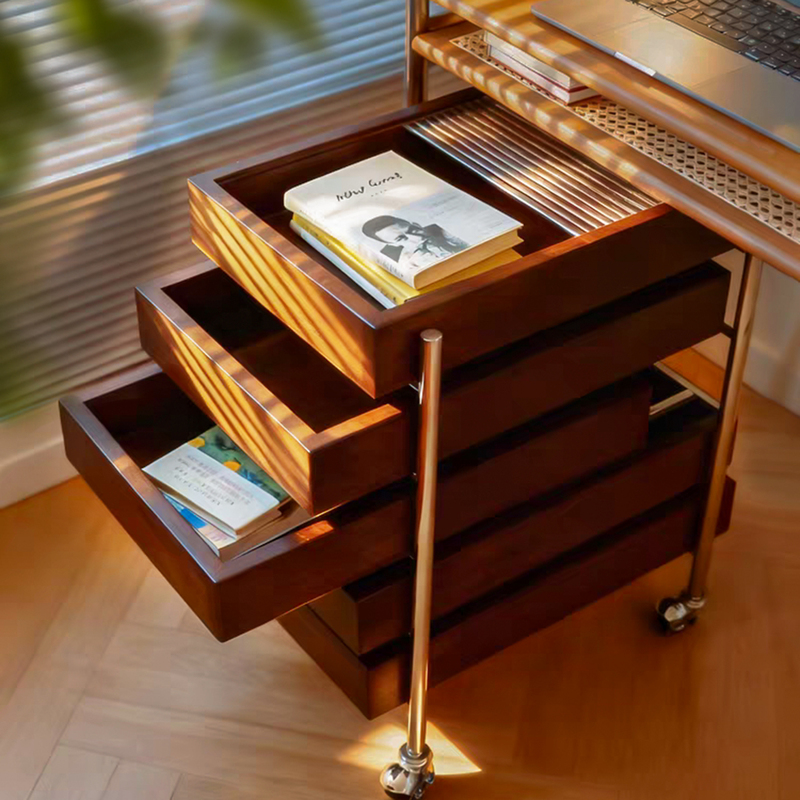 Vintage-Style Solid Wood Desk Storage Side Cabinet, Walnut Multi-Layer Movable Narrow Storage Shelf, Drawer-Type Trolley Vintage-Style Solid Wood Desk Storage Side Cabinet, Walnut Multi-Layer Movable Narrow Storage Shelf, Drawer-Type Trolley