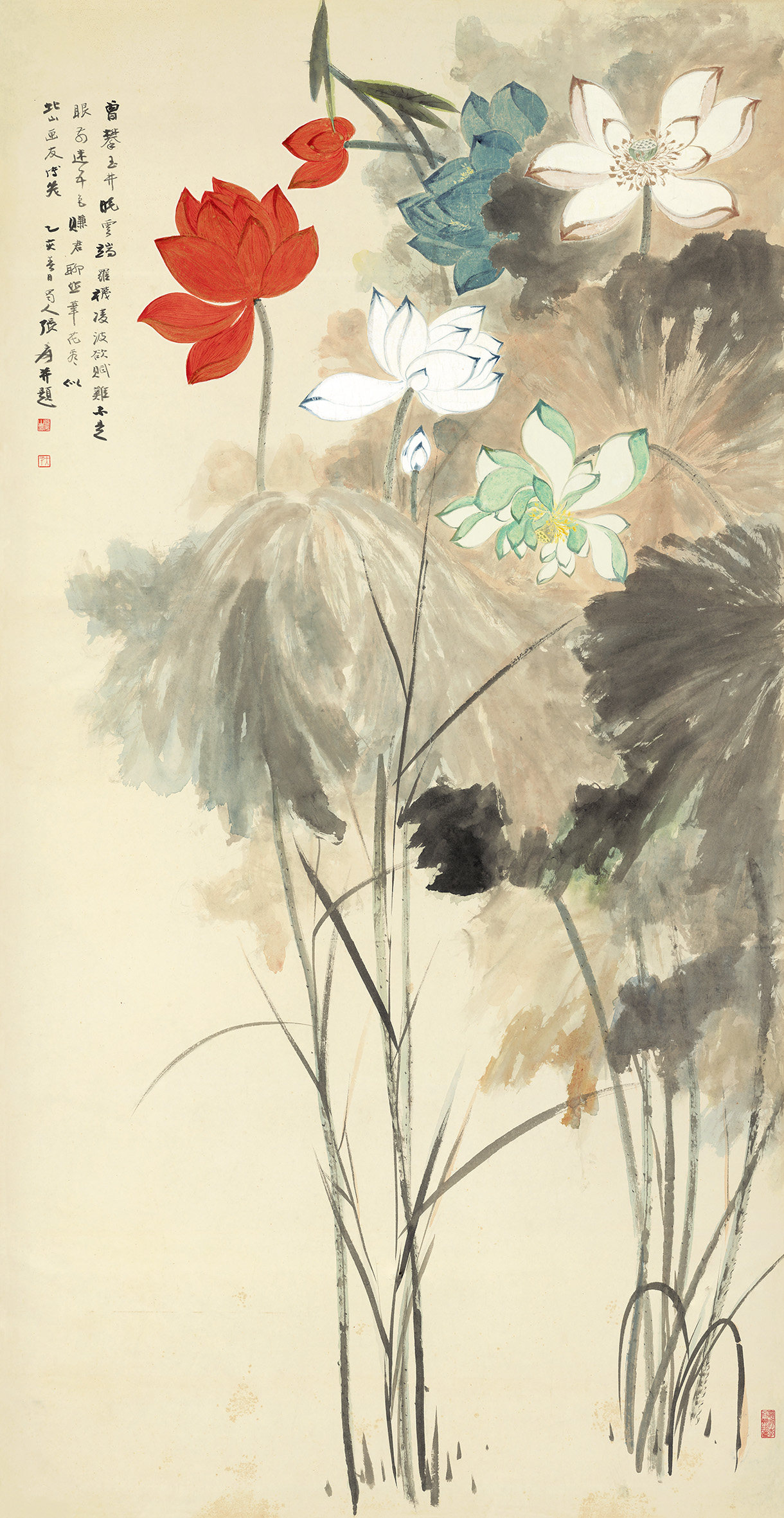 张大千《五色荷花》客厅书房茶室装饰画挂画玄关水墨高清卷轴字画-淘宝