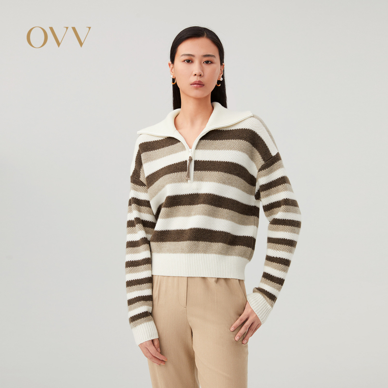 Ovv Autumn and Winter Women's Wool Cashmere Lapel Half-Open Classic Striped Long-Sleeved Knitwear Gnzaj33116A