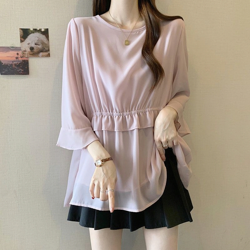 2026 Summer Plus-Size Women's Waist-Cinching Mid-Length Three-Quarter Sleeve Top, Super Stylish Pink Chiffon Blouse with Regular Shoulders for Trendy Women 2026 Summer Plus-Size Women's Waist-Cinching Mid-Length Three-Quarter Sleeve Top, Super Stylish Pink Chiffon Blouse with Regular Shoulders for Trendy Women