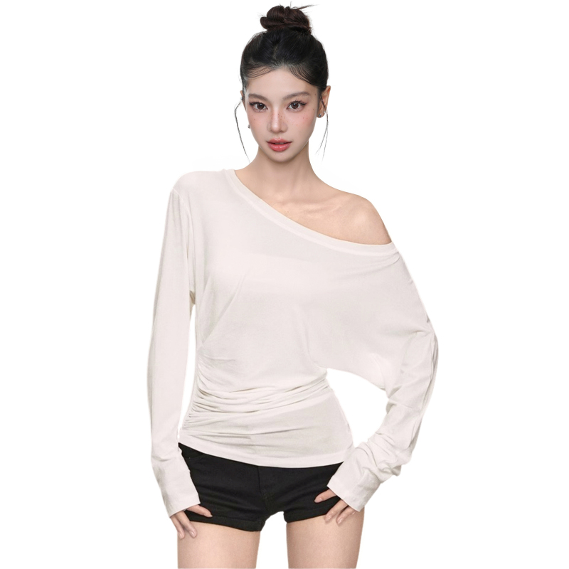 American-Style White Asymmetrical Off-Shoulder Long-Sleeve T-Shirt for Women, Summer Sheer Off-Shoulder Sun-Protective Cover-Up Top, Thin Outerwear