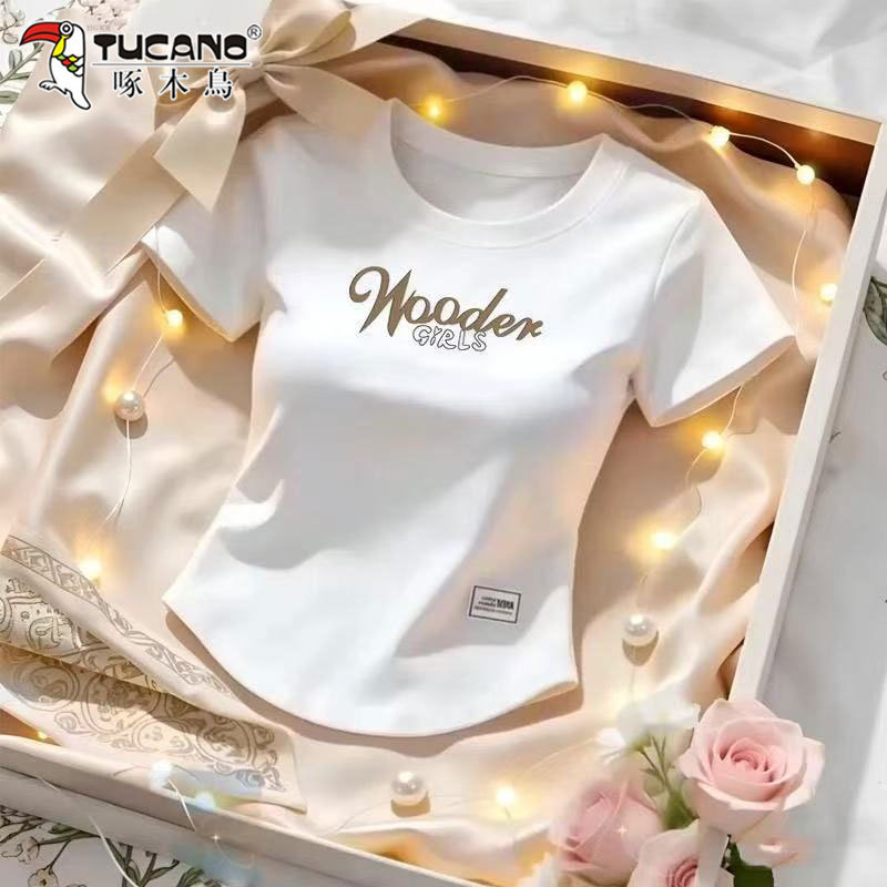 Woodpecker Pure Cotton Short-Sleeved Women's T-Shirt, New Summer Style, Stylish Clothing, Slimming, Casual, Versatile Round-Neck Top