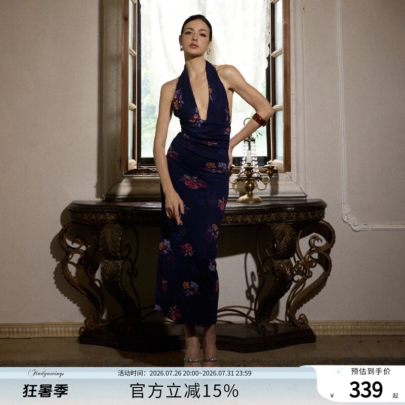 Same Style as La Muyangzi: Find Ya Wings Deep V-Neck Backless Vacation Long Dress, Bodycon Halter Neck Dress
