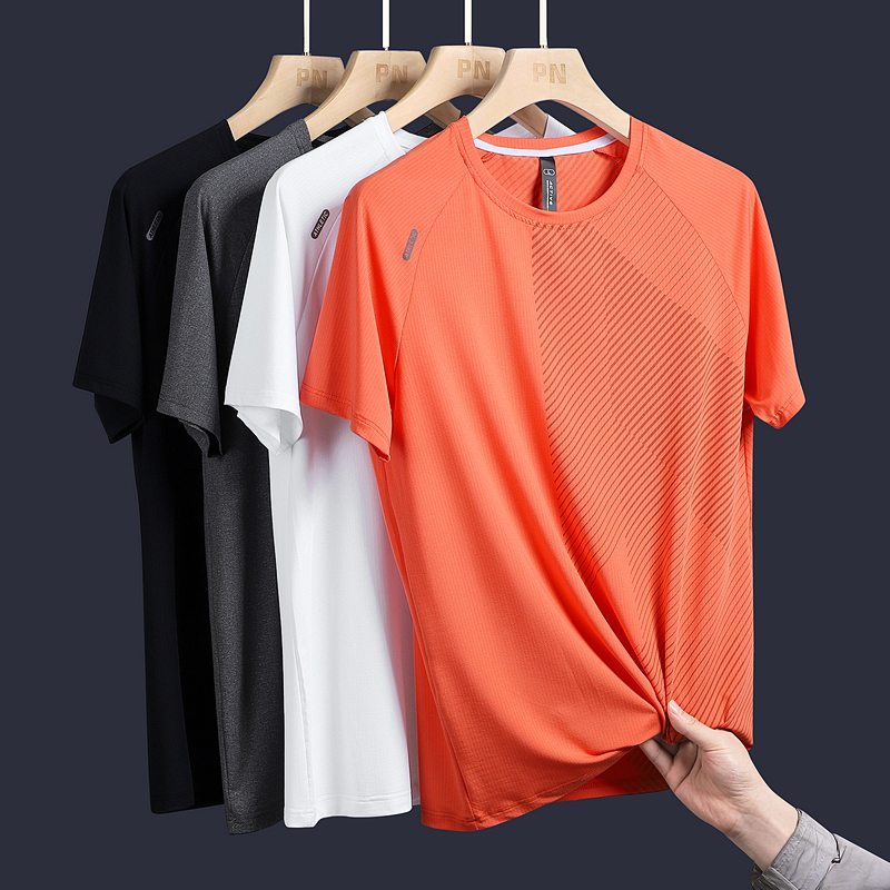 Mountaineering Outdoor Ice Silk Short-Sleeved T-Shirt for Men in Summer Orange and Orange Sports Running Fitness Mesh Sweat-Absorbent Quick-Drying Clothing