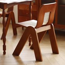 High-end wabi-sabi style designer medieval chair retro rattan home office bedroom French light luxury solid wood backrest dining