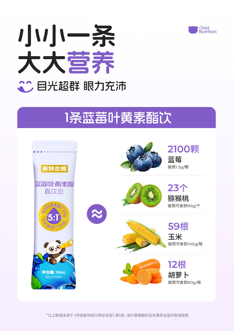 【中國直郵】 諾特蘭德 藍莓葉黃素酯直飲包 正品 兒童青少年非近視護眼 10毫升*20條/盒