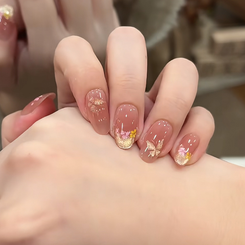 Spring Flower Handmade Nails 2026 New Model Water Gloss Butterfly Cat Eye High-End Whitening Short Almond Nails