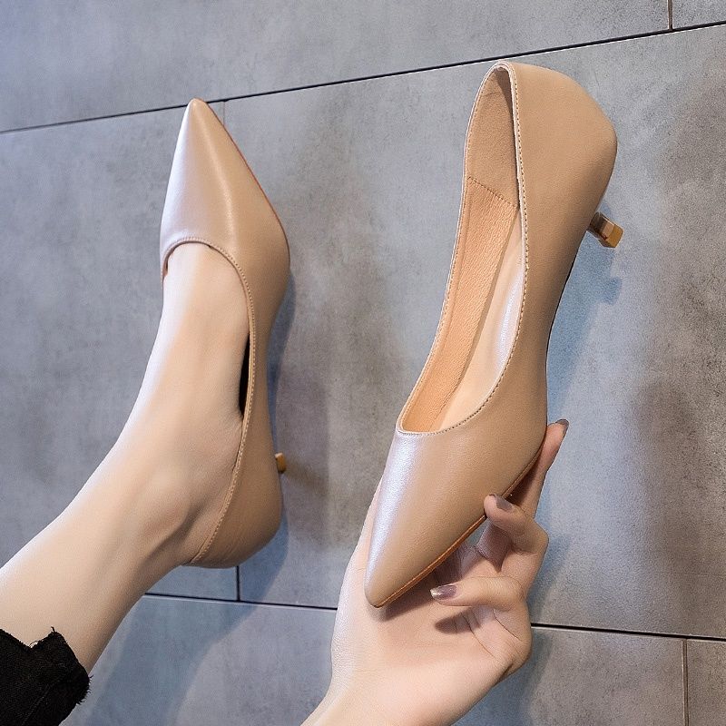 Pointed Toe Genuine Leather Small Size 31 32 33 Versatile 3cm Stiletto Shoes Professional Work Nude High Heels Women's Low Heel 4
