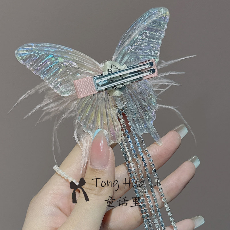 超仙羽毛水钻流苏发夹女蝴蝶结感发饰春夏粉色羽毛刘海侧边夹详情6