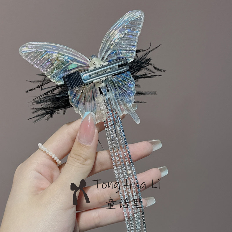 超仙羽毛水钻流苏发夹女蝴蝶结感发饰春夏粉色羽毛刘海侧边夹详情2