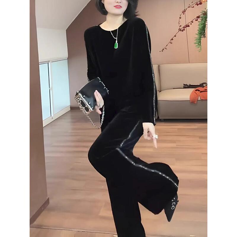 European Casual Sportswear Suit for Women, Spring and Autumn, Fashionable, Light Luxury, Loose, Sweet and Cool, Velvet Sweatshirt Two-Piece Set