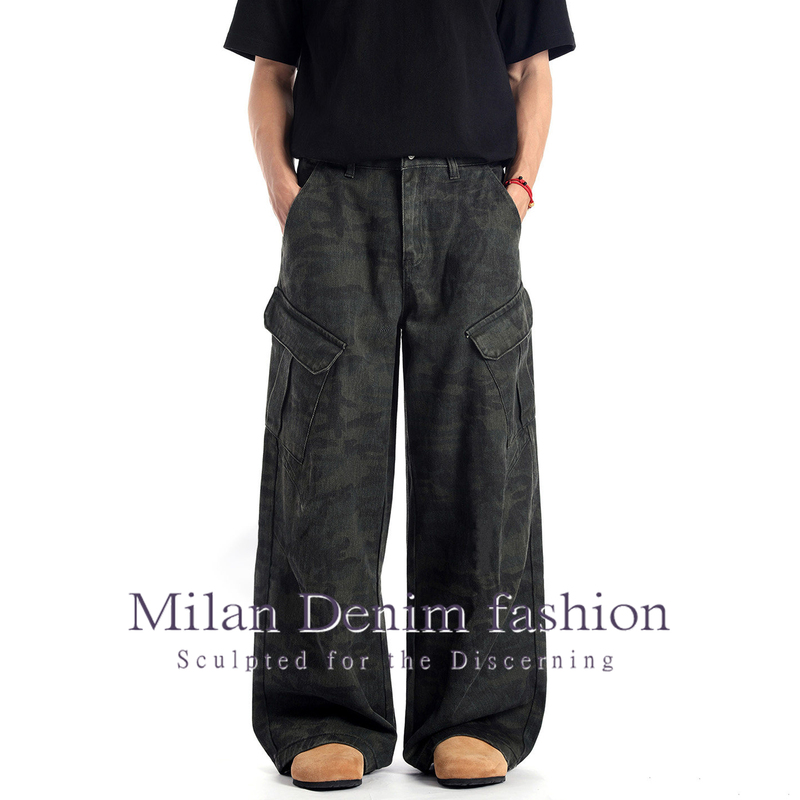 Milan Scimitar Jeans Straight-Leg Camouflage Design American Retro Unisex Loose Wide-Leg Cargo Pants with Large Pockets