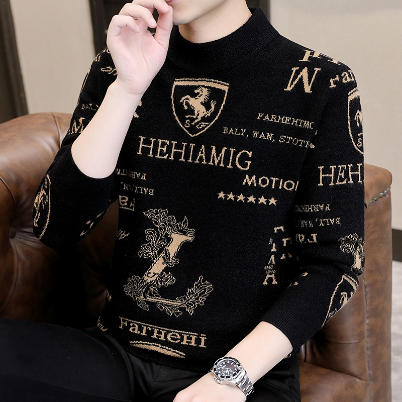 Winter new semi-high collar sweater men's winter boarder printed plus suede thickened inner lap warm knit undershirt-Taobao