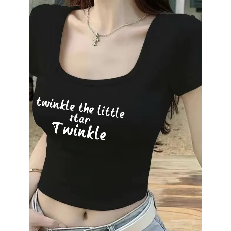 American Retro U-Neck Short-Sleeve Regular Shoulder T-Shirt for Women, 2026 Summer New Design, Niche Style, Waist-Cinching Short Top American Retro U-Neck Short-Sleeve Regular Shoulder T-Shirt for Women, 2026 Summer New Design, Niche Style, Waist-Cinching Short Top