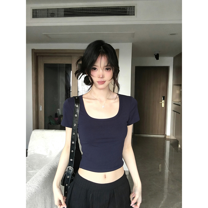 American-Style Spicy Girl U-Neck Short-Sleeve T-Shirt for Women, Summer Slim-Fit, Flattering, Tight-Fitting, Crop Top, Unique and Beautiful American-Style Spicy Girl U-Neck Short-Sleeve T-Shirt for Women, Summer Slim-Fit, Flattering, Tight-Fitting, Crop Top, Unique and Beautiful