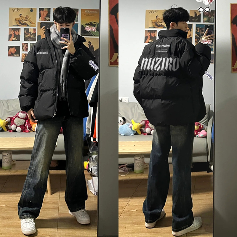 American-Style Trendy Cotton Clothing for Men and Women, Autumn and Winter Black Loose-Fitting Couple's Puffer Jacket, Cardigan, Thick Coat