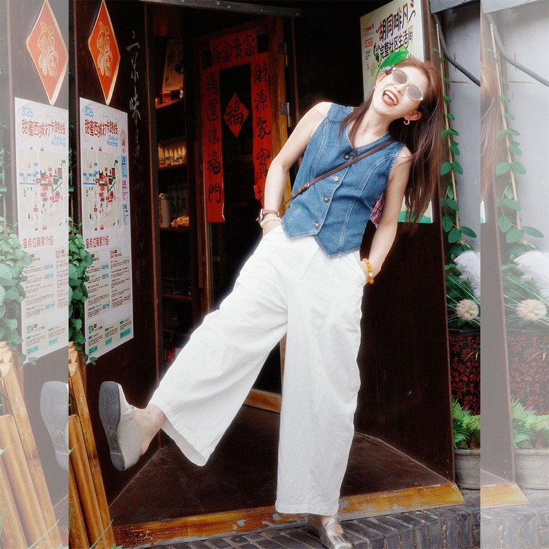 Korean Style Complete Outfit Set, Relaxed Fit, Petite Size, Blue Denim Vest, Linen Wide-Leg Pants Set for Women, Summer Korean Style Complete Outfit Set, Relaxed Fit, Petite Size, Blue Denim Vest, Linen Wide-Leg Pants Set for Women, Summer