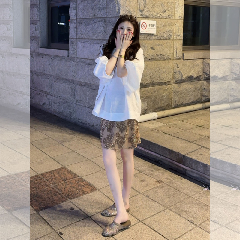 Korean Style Complete Outfit, Relaxed White Sun-Protective Linen Top with Beaded Sequin Skirt Set for Women