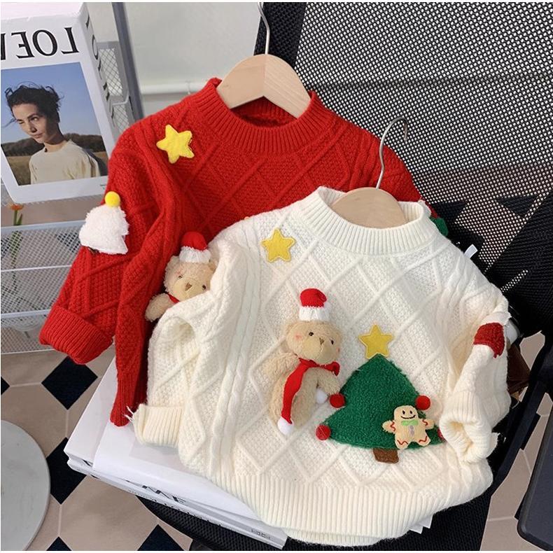 Christmas Outfit Red Cute Sweater for Girls 2026 Winter New White Knitted Sweater for Boys Warm Top