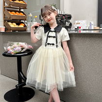 Girls Hanfu summer dress 2024 new Chinese style gauze skirt Western style girl apricot new Chinese style summer dress