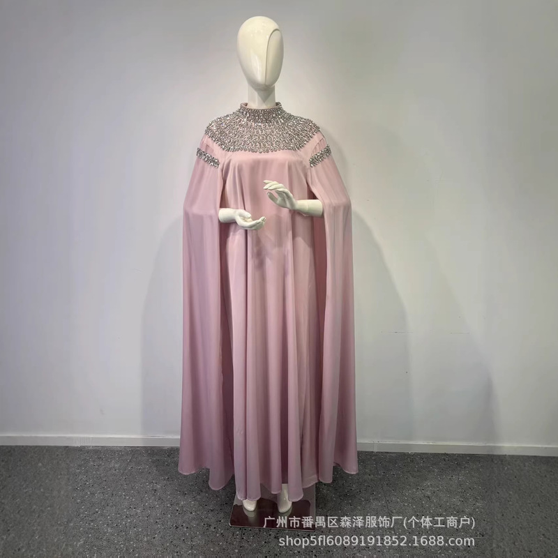 Cross-Border Amazon New Foreign Trade Long Gown Pink Dress with Heavy Beading Work