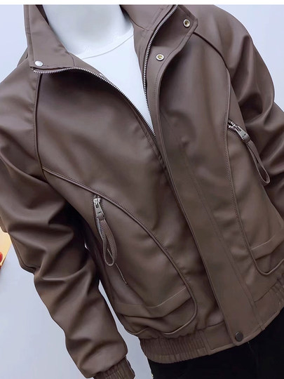 Chaqueta de cuero con cuello levantado de marca a la moda para hombre, chaqueta bonita de estilo coreano de alta gama, otoño e invierno, tops para hombre 2025