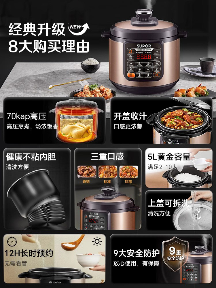 Supor Electric Pressure Cooker for Home Use, 5L Double Pot Smart Pressure Cooker, Multifunctional Large Capacity Electric Rice Cooker