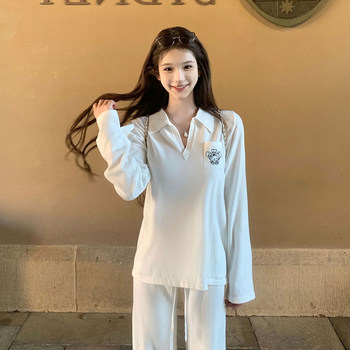 Korean college style white lapel embroidered long-sleeved sweater