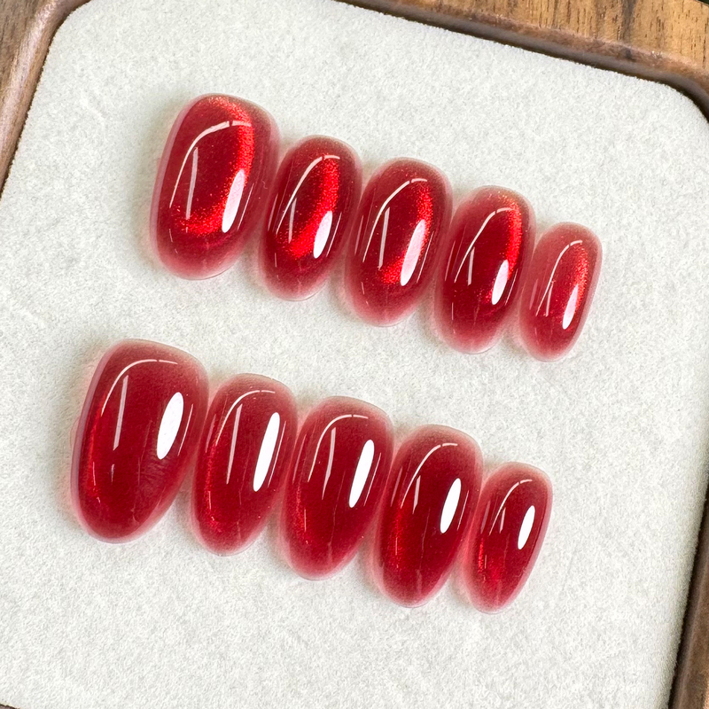 【Ruby - Construction Edition】New Year's Red Color Enhancing Cat Eye Handmade Wearable Nail Art Waterproof and Removable