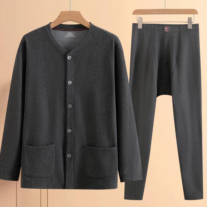 Elderly Men's Thermal Underwear Set with Cardigan-Style Front Closure, Made of Thickened Brushed Fabric for Warmth Elderly Men's Thermal Underwear Set with Cardigan-Style Front Closure, Made of Thickened Brushed Fabric for Warmth