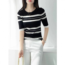 Ins super hot French top for women 2024 new black and white striped mid-sleeve T-shirt for women ice silk sweater slim fit