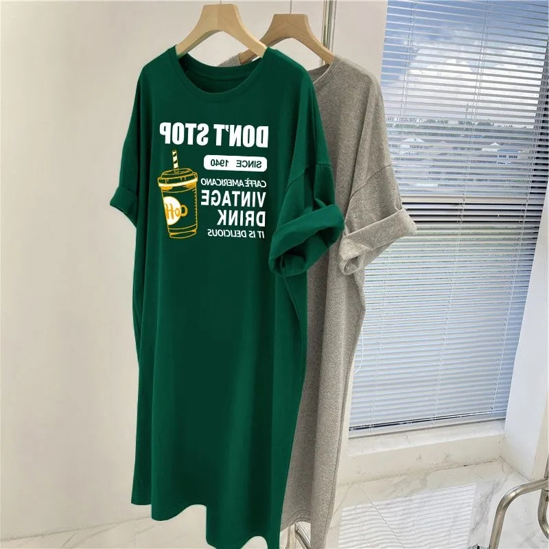 Extra Large Size 150kg Loose Fit, Slimming Trendy Brand Short-Sleeve T-Shirt Dress for Plus-Size Women, Summer Lazy Style Casual Dress 24