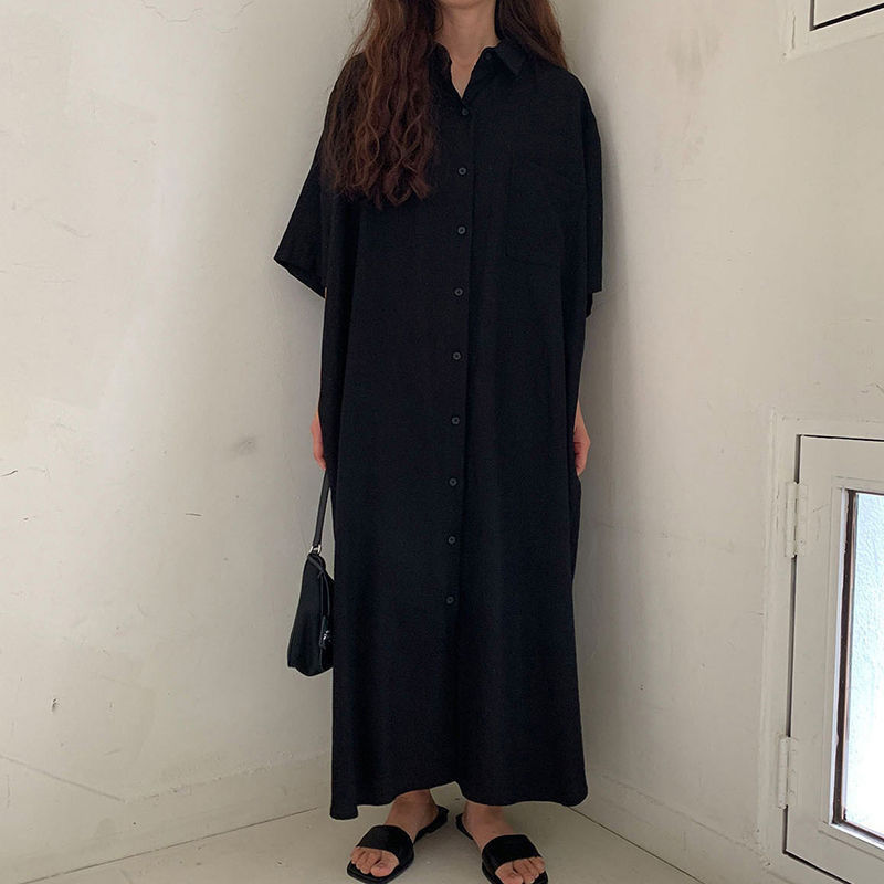 Extra Large Size 150kg Lazy Style Single-Breasted Short-Sleeve Dress for Plus-Size Women, Summer Thin Loose-Fitting Long Dress That Covers the Body 2