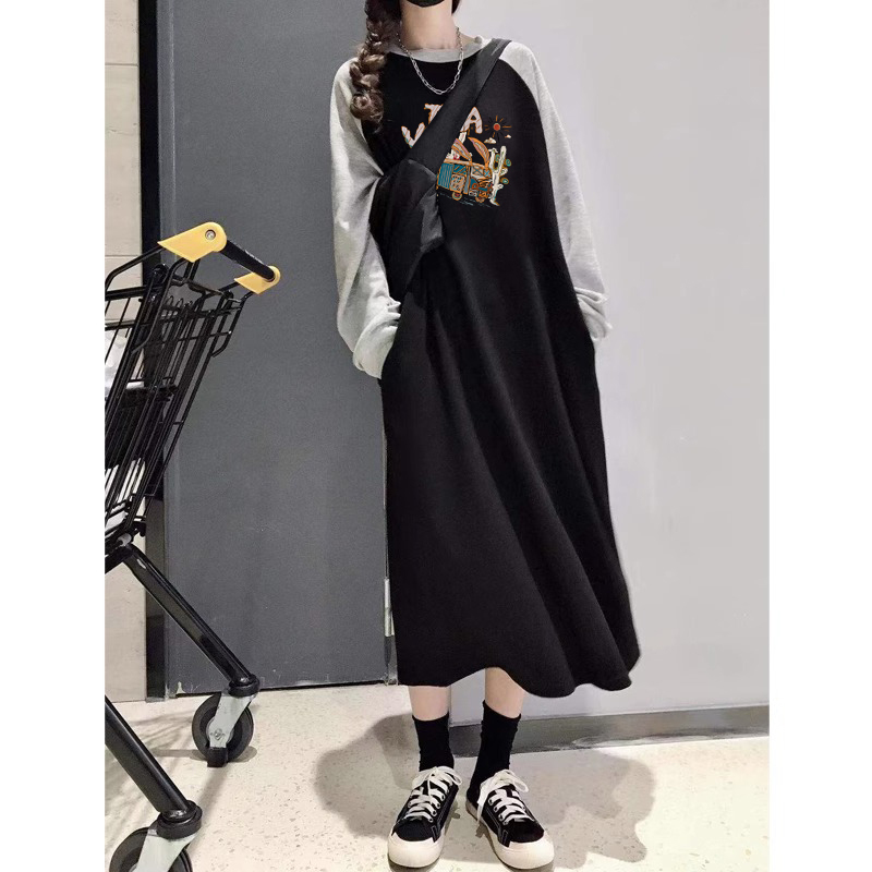 Lazy Style Pure Cotton Long Women's Spring and Autumn Loose Slimming Casual Long-Sleeve Raglan T-Shirt Dress for Tall Women