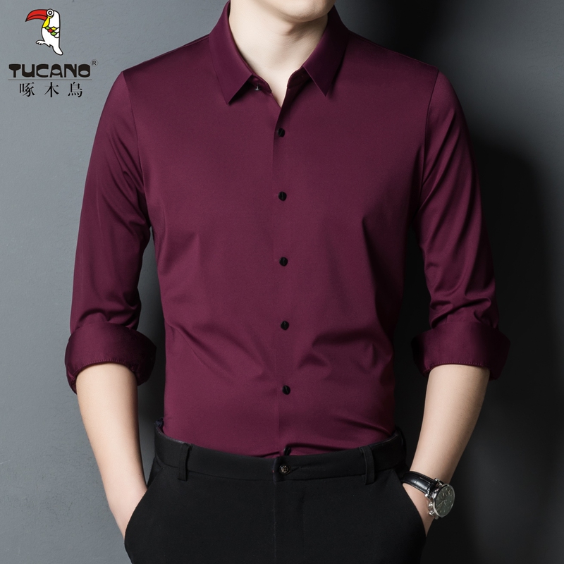 Woodpecker Seamless Red Shirt for Men, Long-Sleeved, New Spring and Autumn Style, Drapey, Business Casual, Wrinkle-Free, Middle-Aged, Stretchy Shirt Woodpecker Seamless Red Shirt for Men, Long-Sleeved, New Spring and Autumn Style, Drapey, Business Casual, Wrinkle-Free, Middle-Aged, Stretchy Shirt