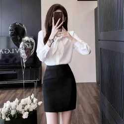 Long-Sleeved Chiffon White Shirt for Women, High-End, Elegant, Petite, Casual Tie Shirt, Professional Wear, Commuting Top