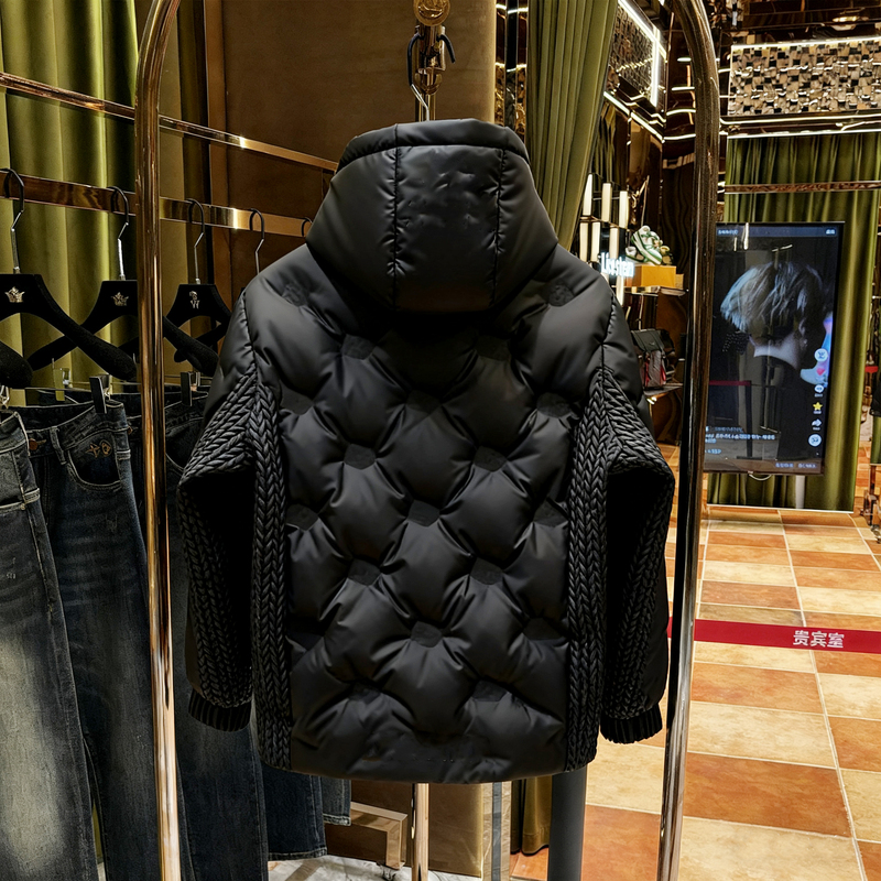 High-End Trendy Black Hooded White Duck down Jacket for Men with Wheat Spike Splicing Design, Warm Puffer Coat