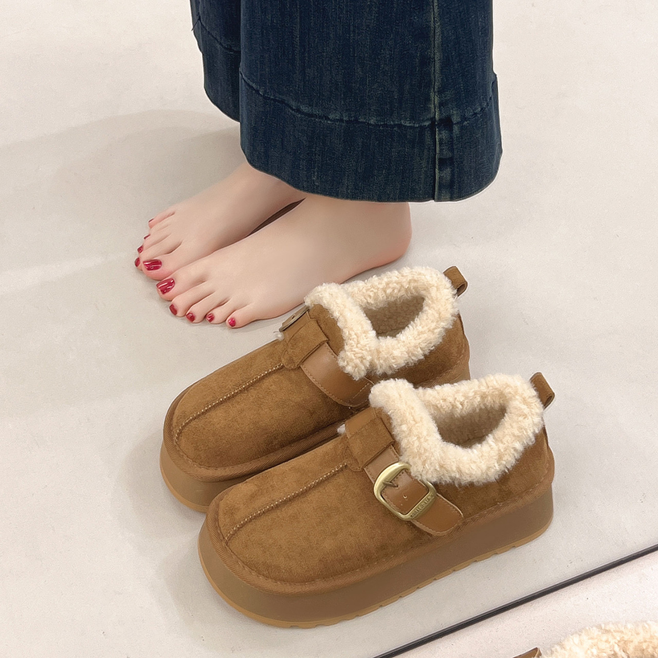 Thick-Soled Height-Increasing Plush Birkenstock-Style Women's Shoes 2025 New Winter Slip-On Warm Furry Snow Boots Cotton Shoes Size 34